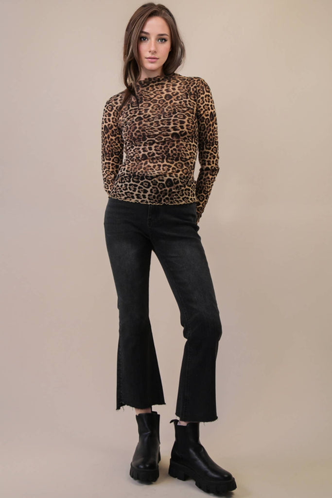 High Neck Leopard Fitted Sheer Mesh Layering Top