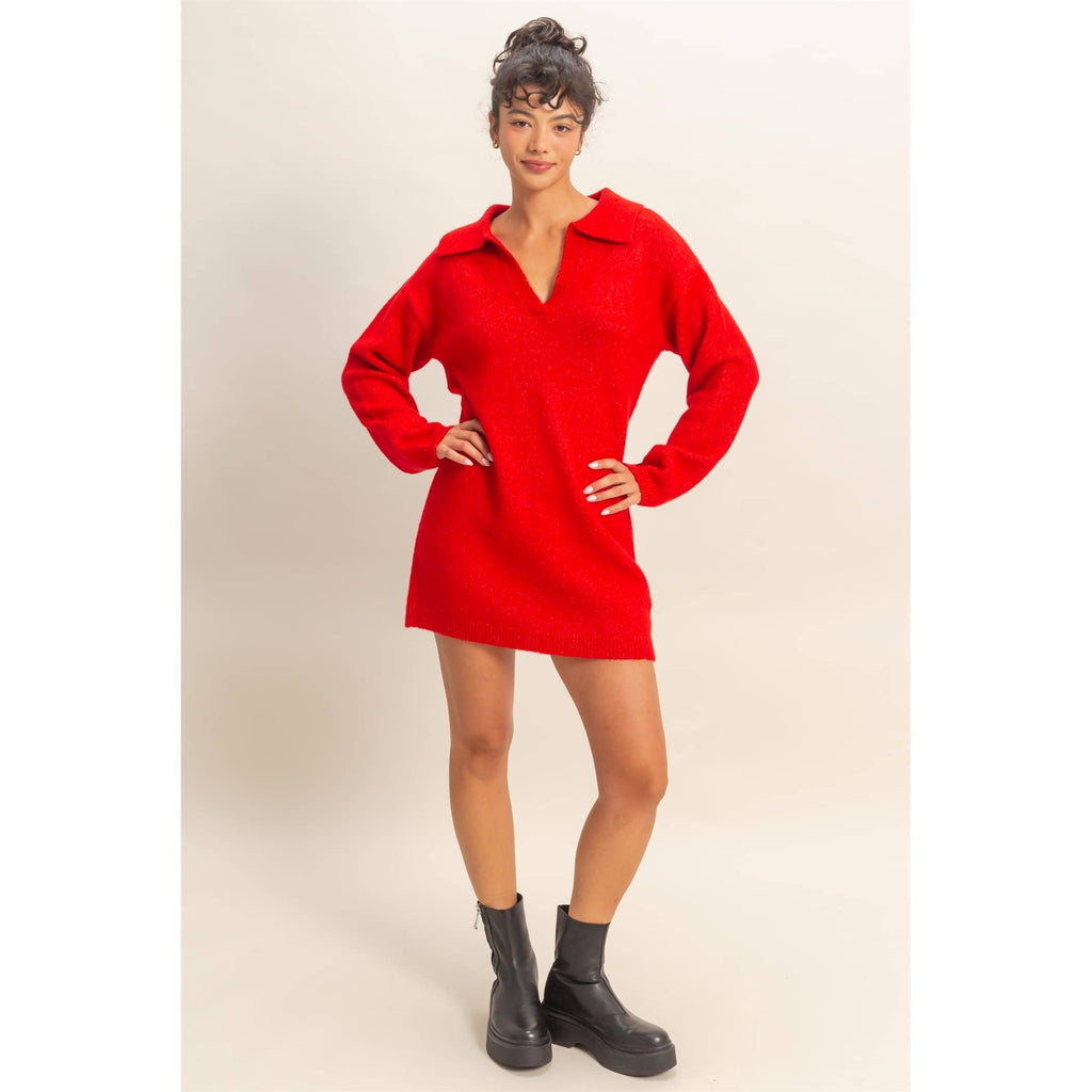 Red Polo Long Sleeve Sweater Dress