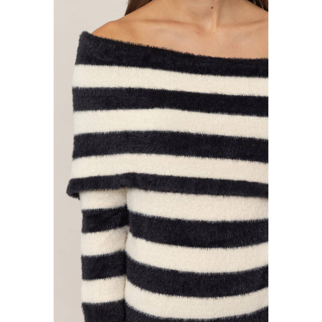 Striped Off-Shoulder Fuzzy Sweater