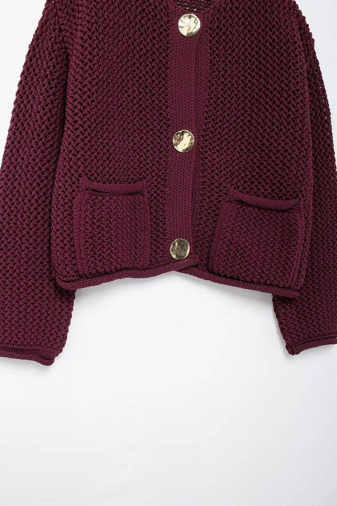 Burgundy Crop Chunky Knit Cardigan