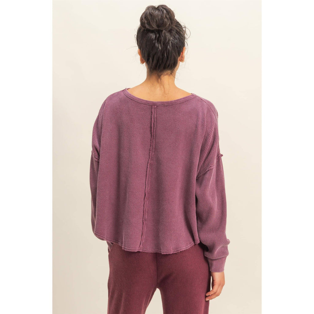 Mauve Mineral Wash Dropped Shoulder Waffle Knit Top