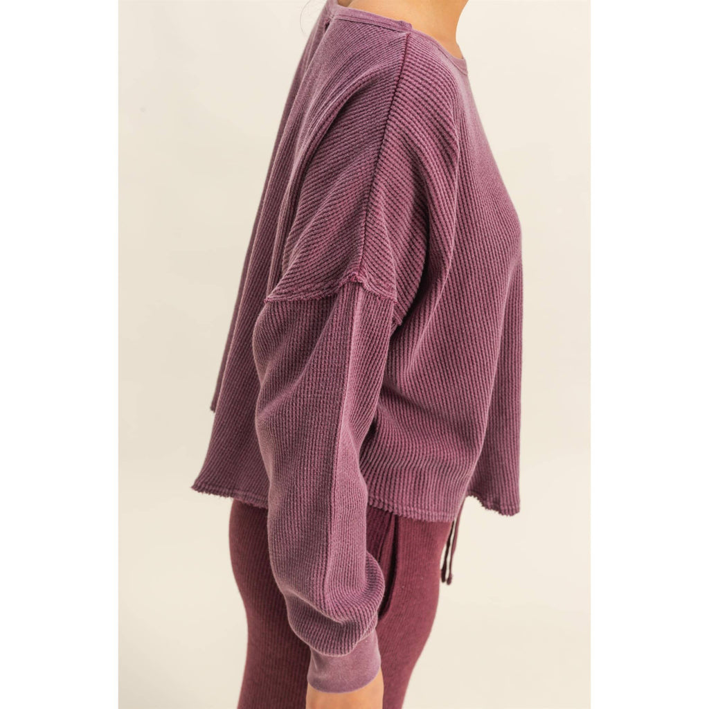 Mauve Mineral Wash Dropped Shoulder Waffle Knit Top