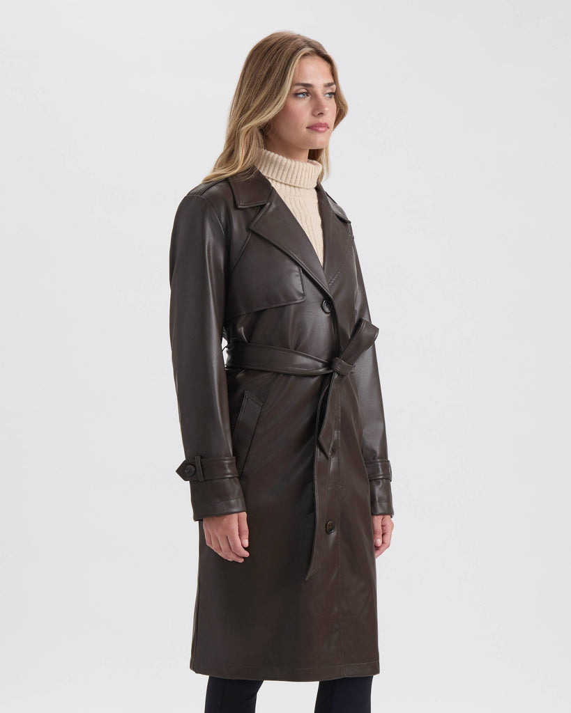 Chocolate Faux Leather Belted Trench