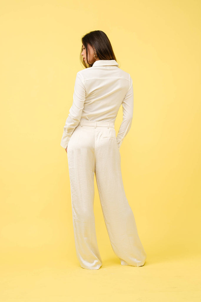 IVORY SATIN PLEATED TAILORED TROUSERS