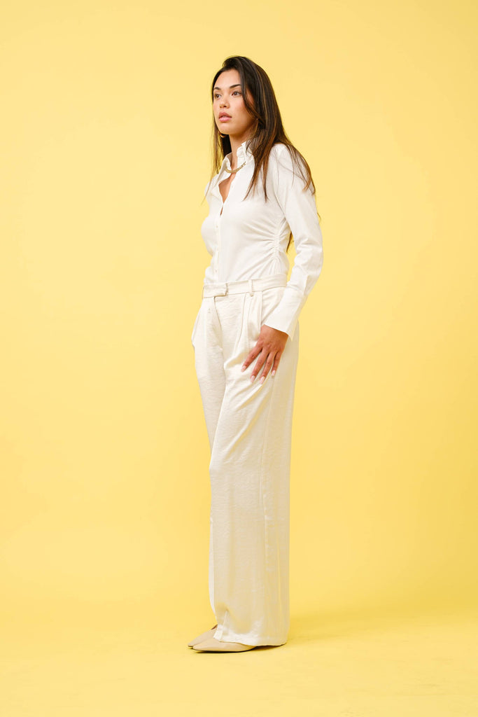 IVORY SATIN PLEATED TAILORED TROUSERS