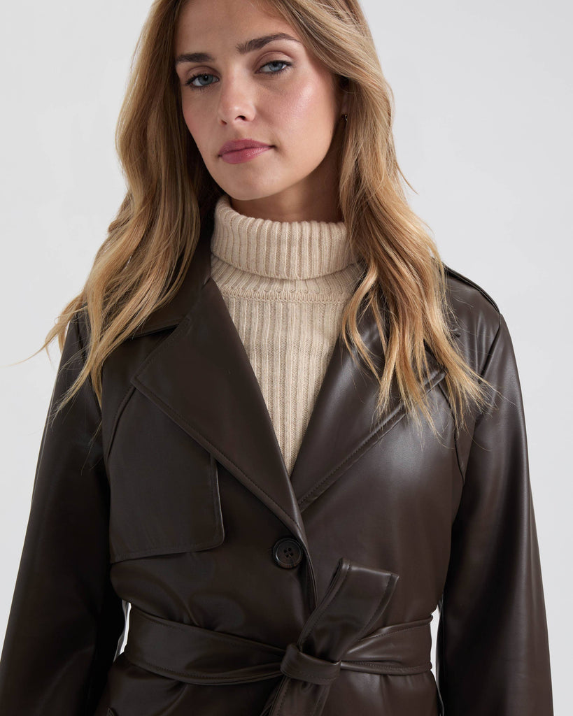 Chocolate Faux Leather Belted Trench