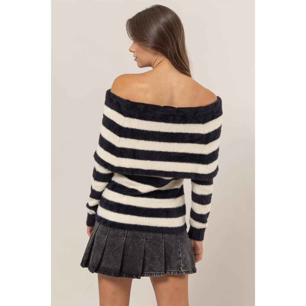Striped Off-Shoulder Fuzzy Sweater