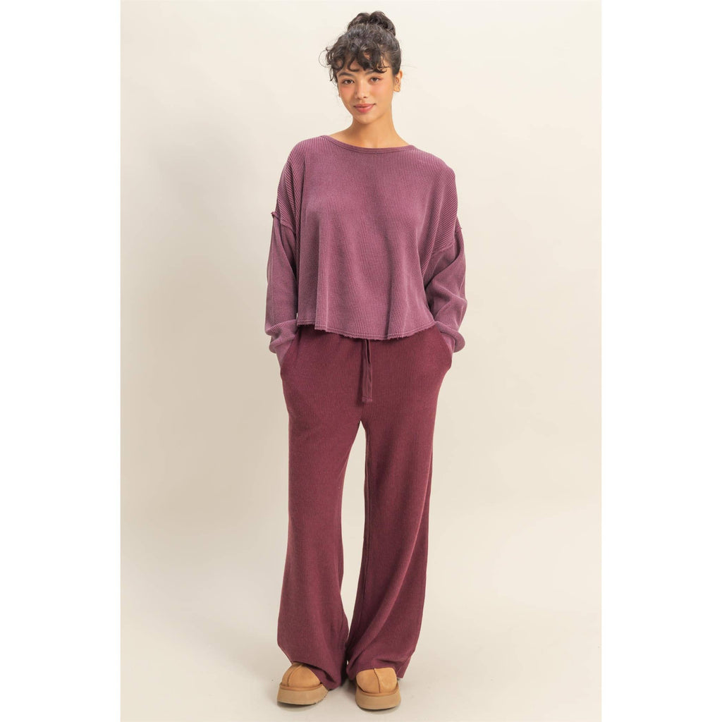 Mauve Mineral Wash Dropped Shoulder Waffle Knit Top