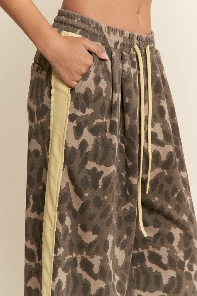 Leopard Print Yellow Stripe Wide Leg Pants