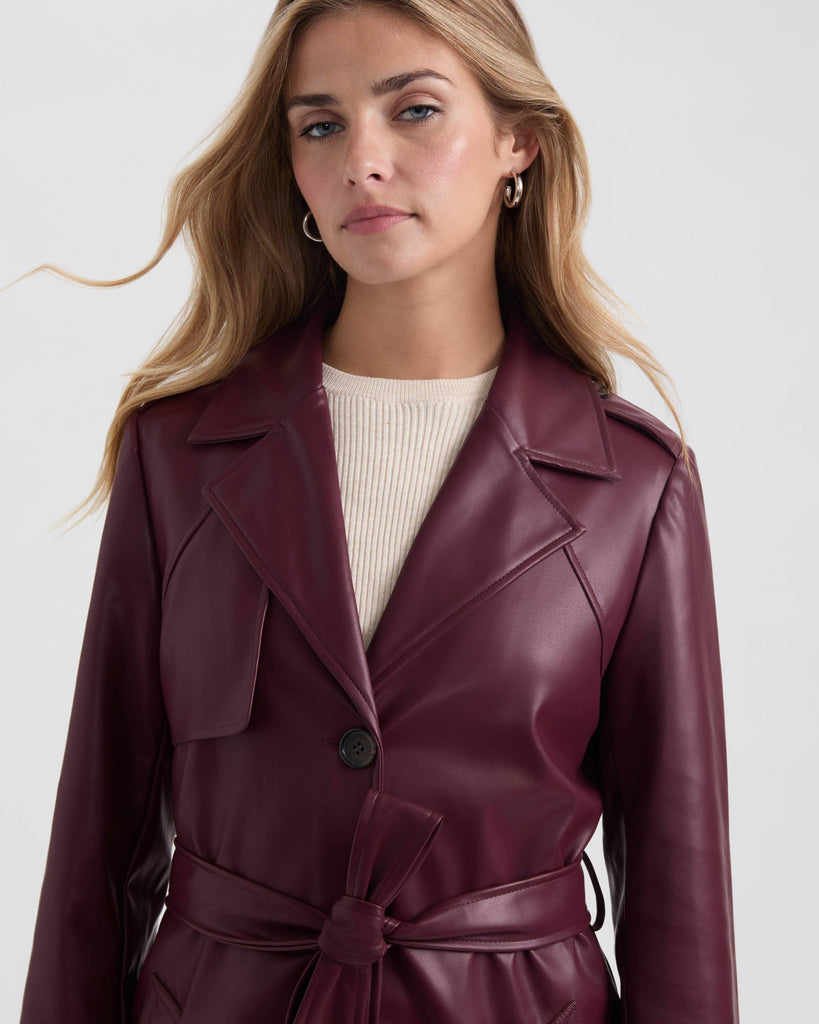 Burgundy Faux Leather Belted Trench