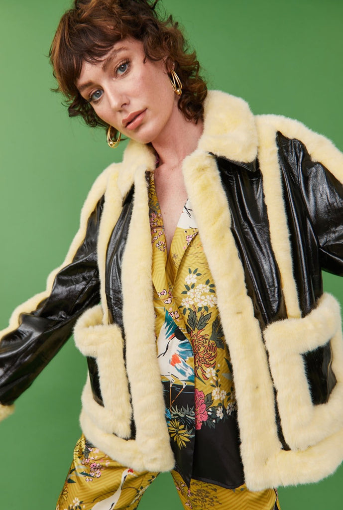 Yellow & Black Faux Fur Aviator Jacket