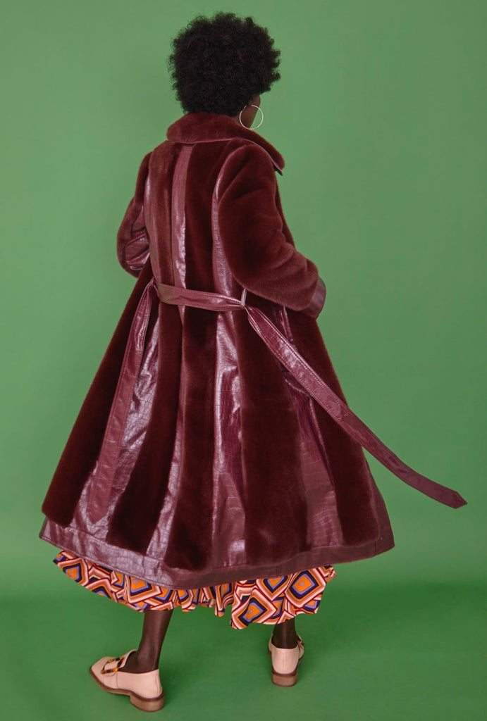 Burgundy Faux Fur Panel Maxi Coat