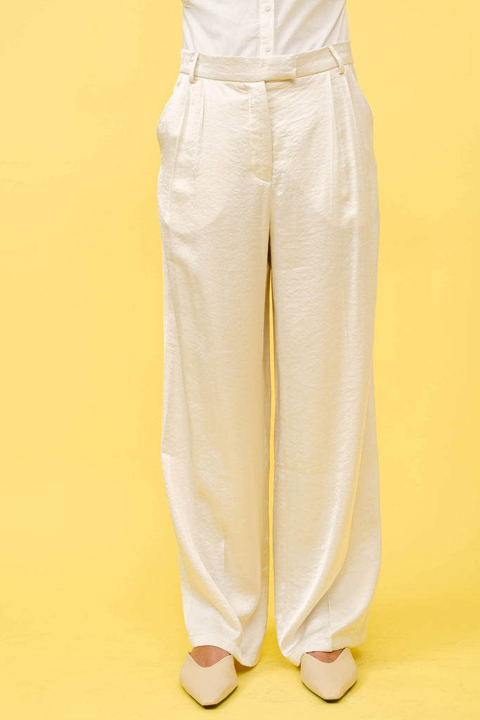 IVORY SATIN PLEATED TAILORED TROUSERS