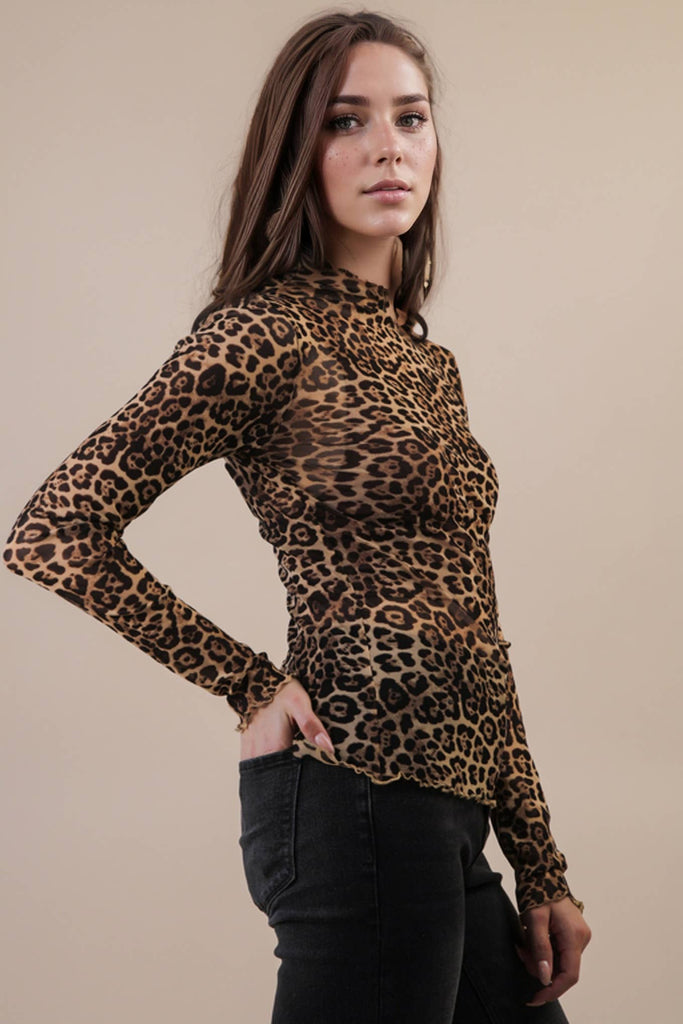 High Neck Leopard Fitted Sheer Mesh Layering Top