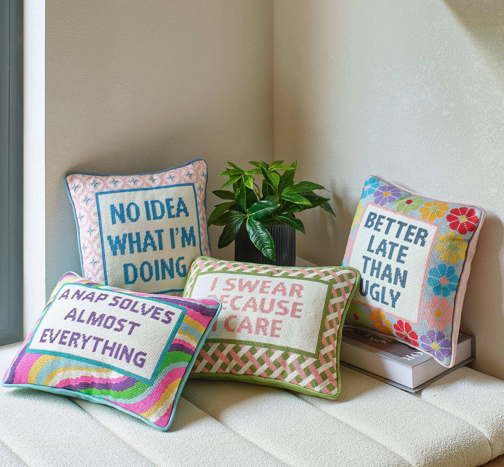 Better Late Than Ugly Embroidered Needlepoint Pillow