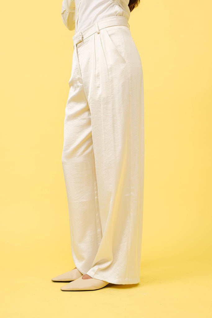IVORY SATIN PLEATED TAILORED TROUSERS