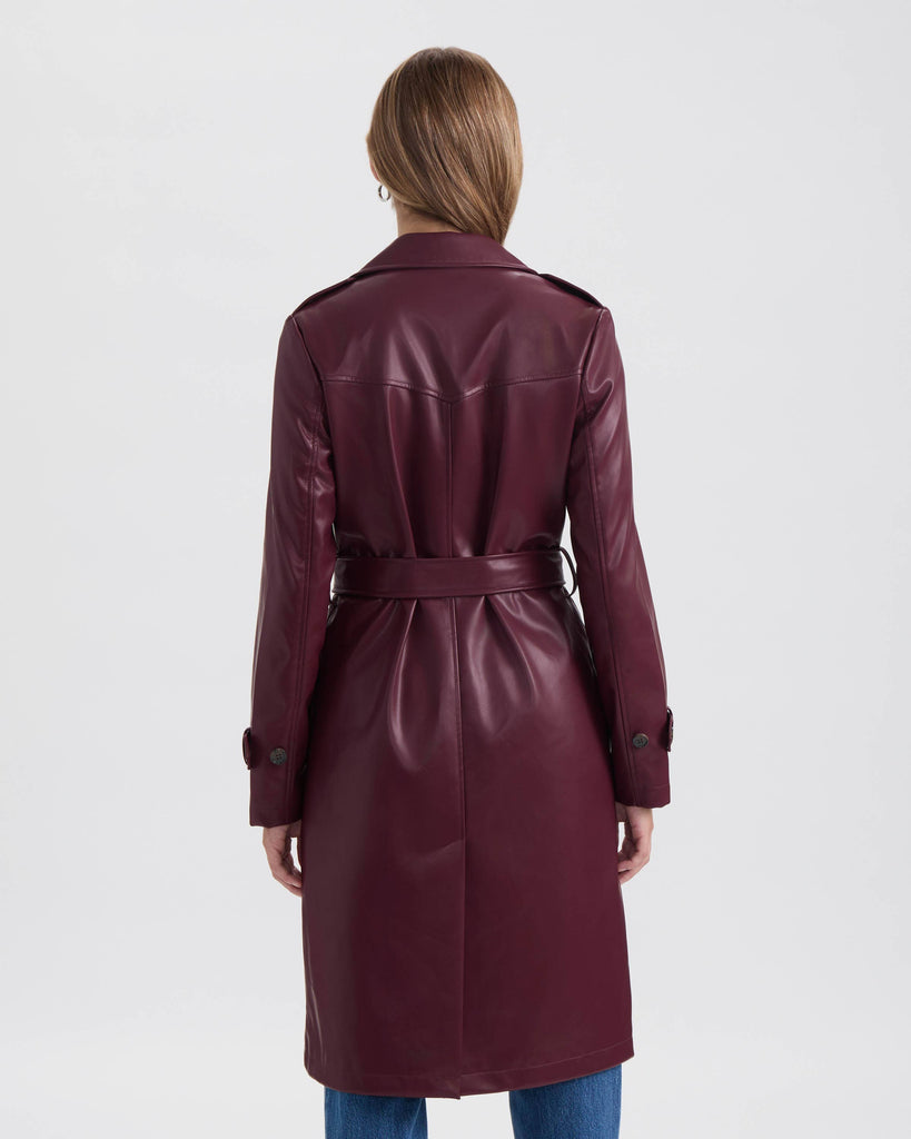 Burgundy Faux Leather Belted Trench