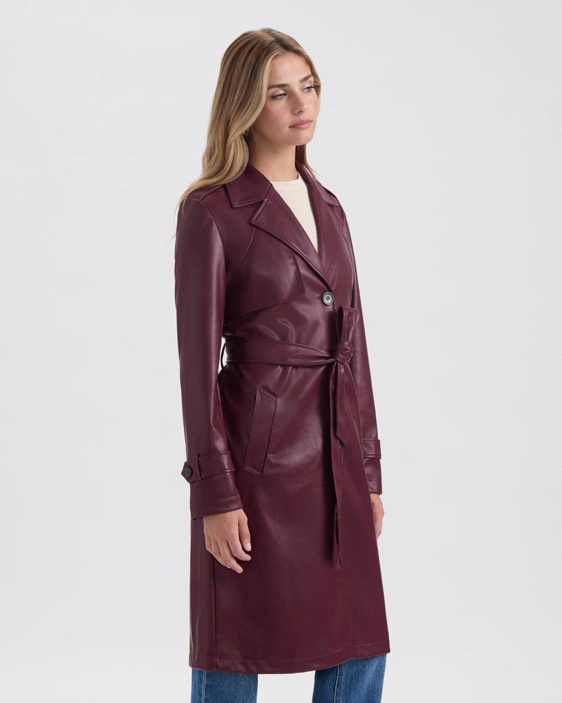 Burgundy Faux Leather Belted Trench