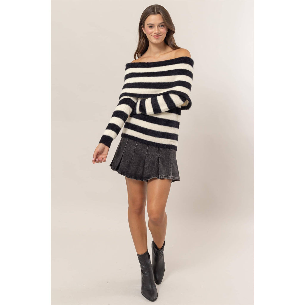 Striped Off-Shoulder Fuzzy Sweater