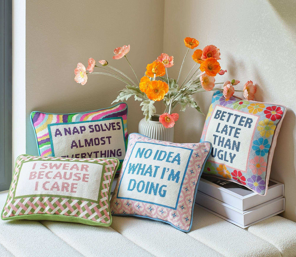Better Late Than Ugly Embroidered Needlepoint Pillow