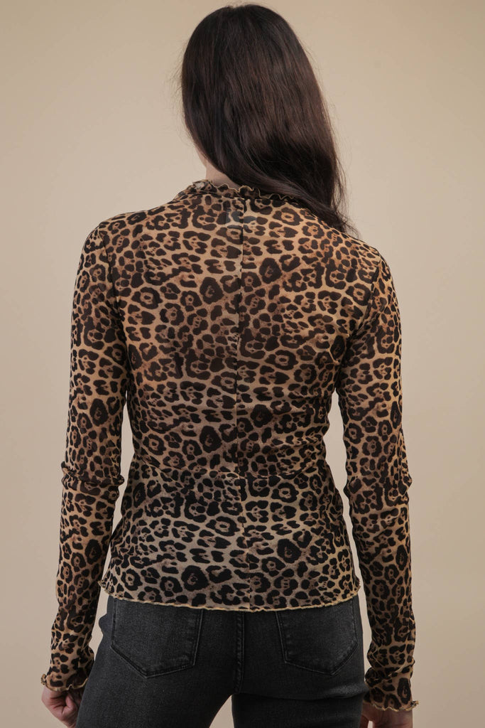 High Neck Leopard Fitted Sheer Mesh Layering Top